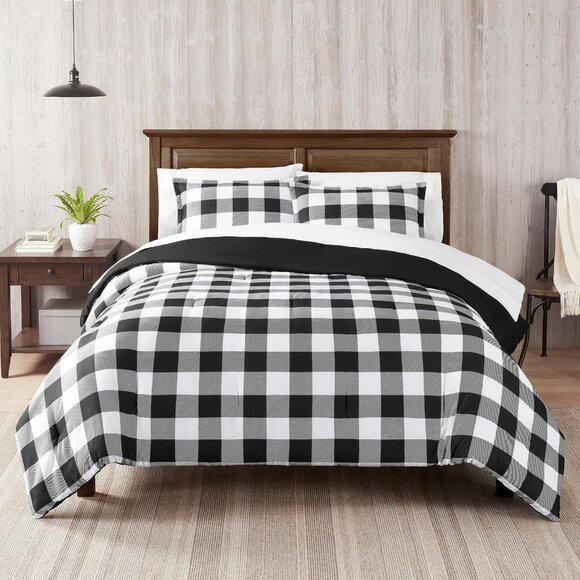 NWT Serta Clean Alex Soft Modern Plaid 3 Piece Comforter Set Black / White King - Picture 1 of 6